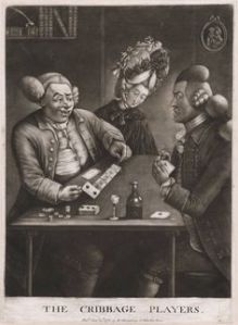 Caricature of 18th Century Cribbage Players with woman in background